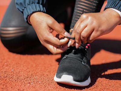 Close up of sneakers on a running track